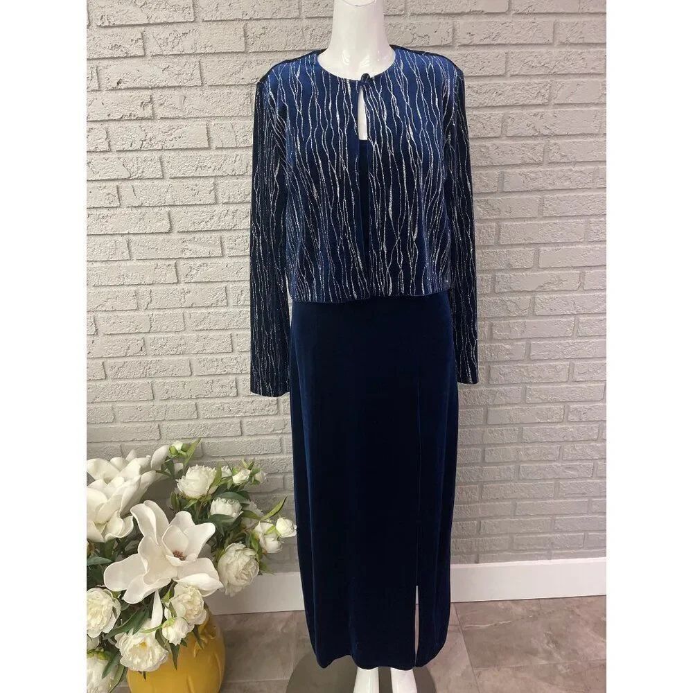 Studio One Blue & Silver Women Maxi Dress with Crop Jacket 2 Pcs Set Size 12